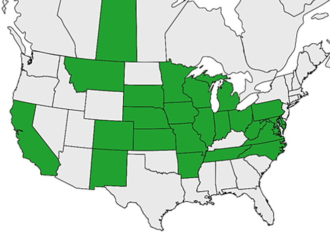 Map of United States of America. States highlighted in green include: California, Montana, South Dakota, Nebraska, Colorado, New Mexico, Kansas, Minnesota, Iowa, Missouri, Arkansas, Wisconsin, Illinois, Michigan, Indiana, Tennessee, Ohio, Maryland, Delaware, Virginia, West Virginia, North Carolina. Canadian province: Saskatchewan is also included.