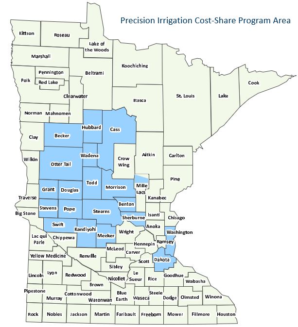 Project area map for the Irrigation RCPP cost share program. Counties included: Becker, Hubbard, Cass, Otter Tail, Wadena, Grant, Douglas, Todd, Morrison, a northern portion of Mille Lacs, Stevens, Pope, Stearns, Benton, Sherburne, Swift, Kandiyohi, Meeker, Washington, and Dakota.