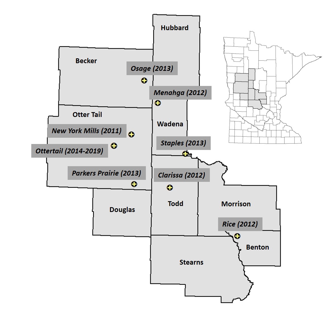 Map of Minnesota showing the location of 12 irrigation workshops from 2011-2019.