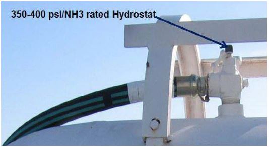 Single hose attached to a single nurse tank unit with a 350-400 psi/NH3 rated hydrostat highlighted. 
