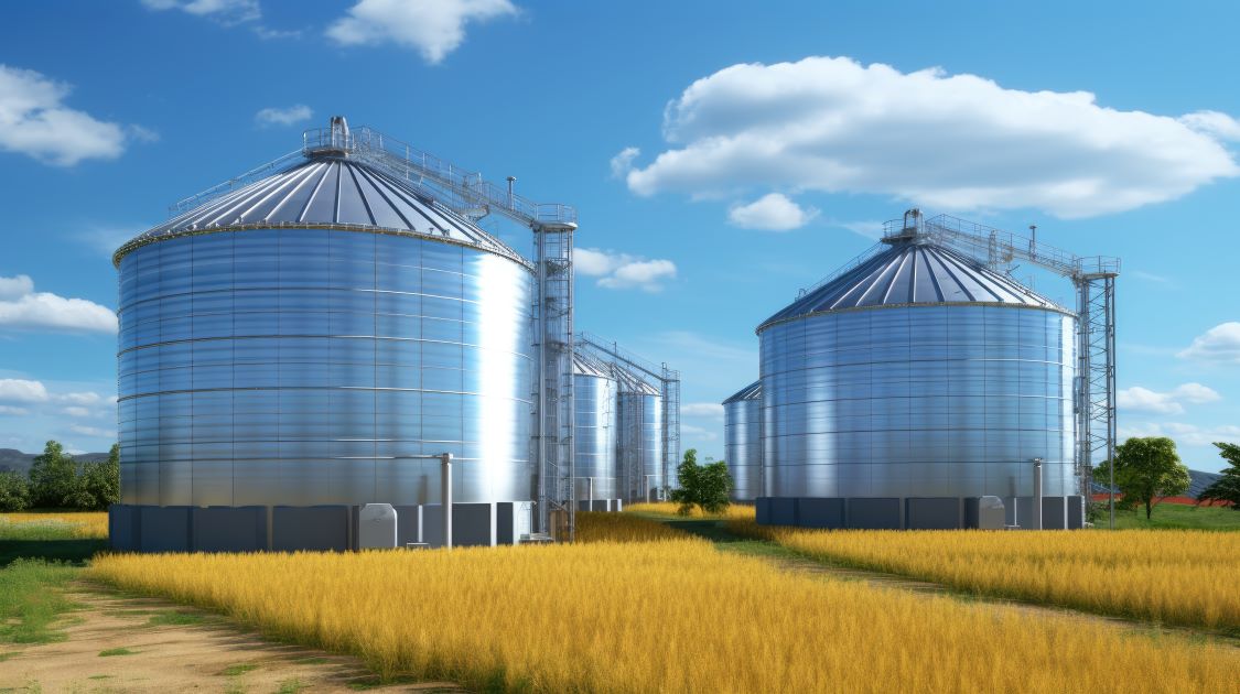 grain bin silos in a field 