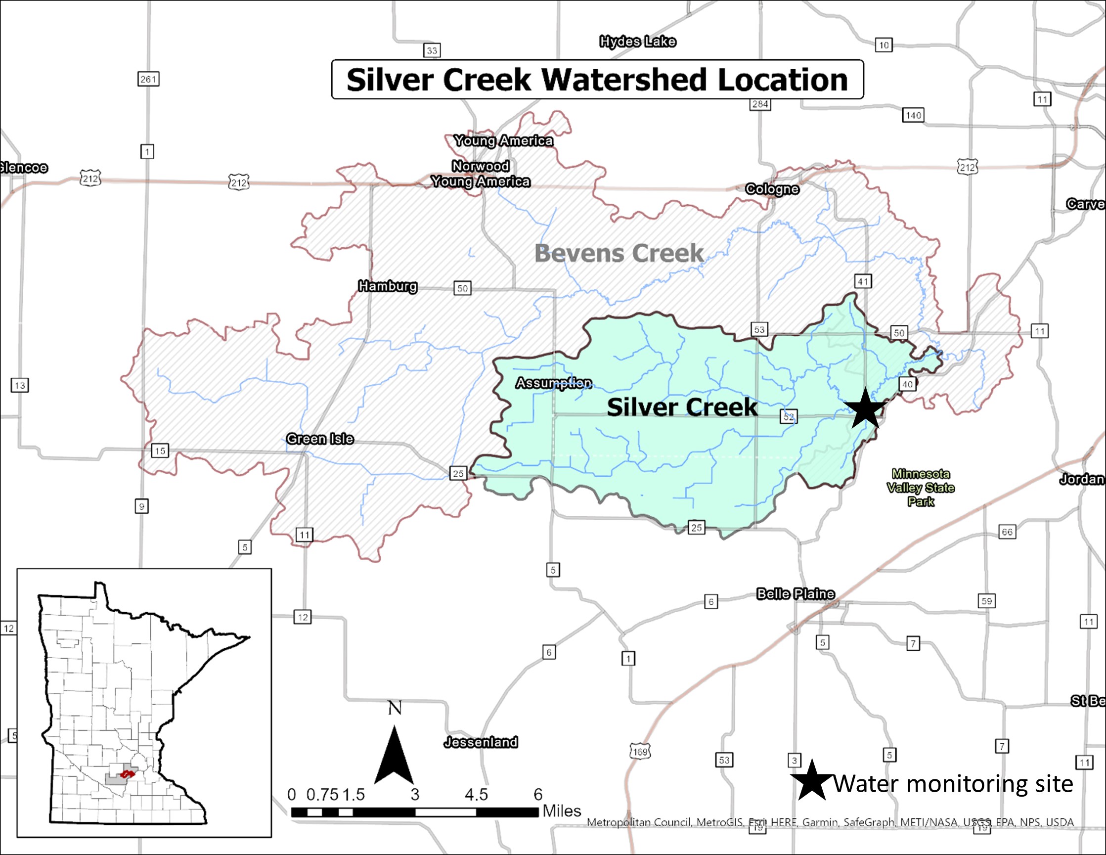 A map of the silver creek watershed. Silver Creek is a tributary to Bevens Creek located at the western edge of the Twin Cities Metropolitan Area in Carver and Sibley County.