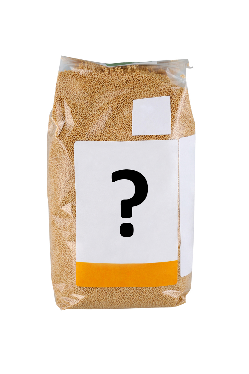 Seed bag with question mark on label