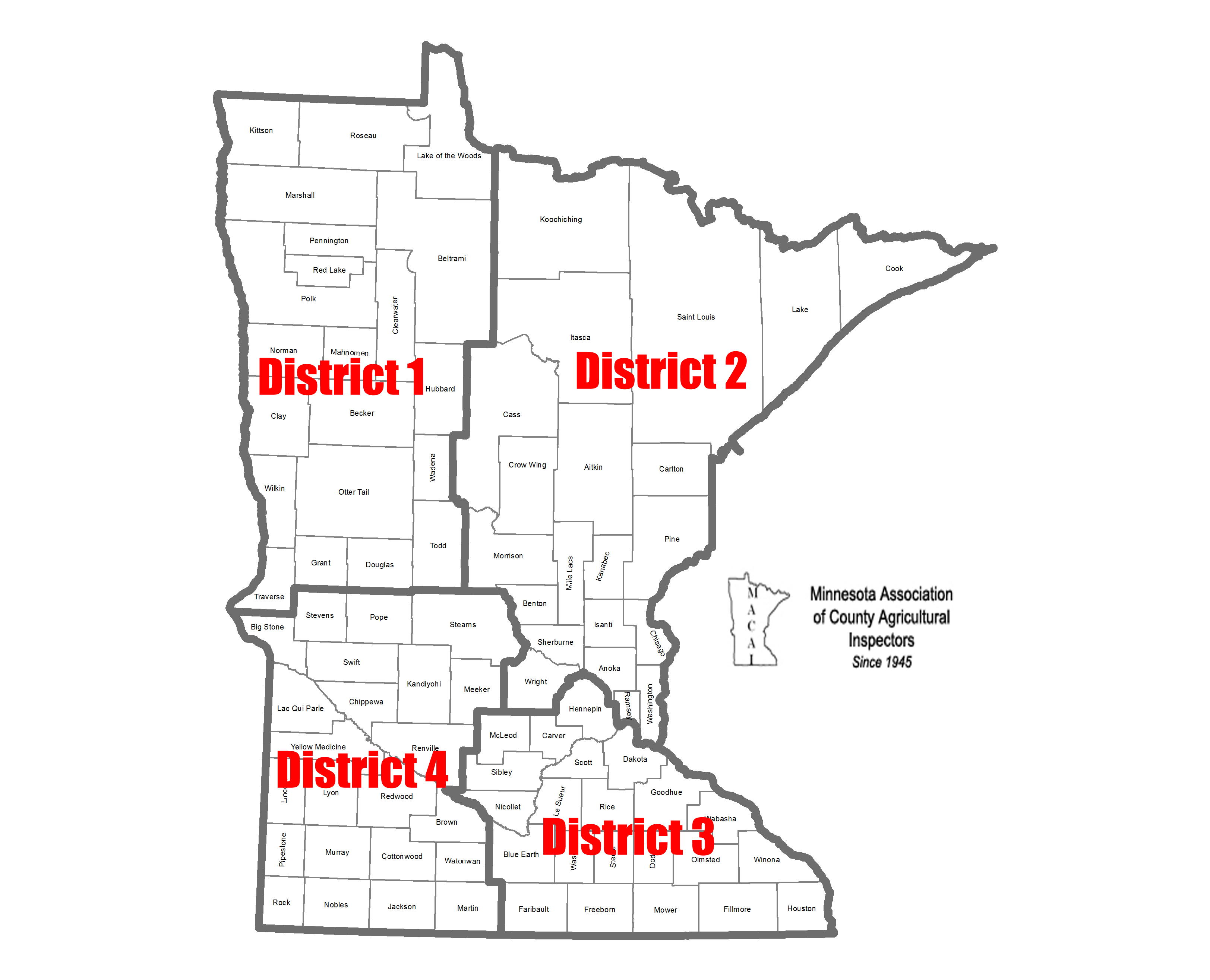 Map of Minnesota with the four county ag inspector districts outlined.