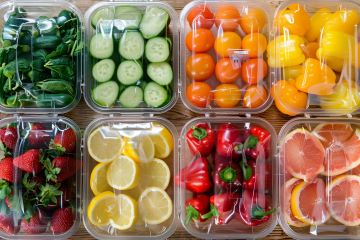 Variety of trays with raw fruits and vegetables laying side-by-side.