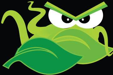 cartoon insect behind leaves