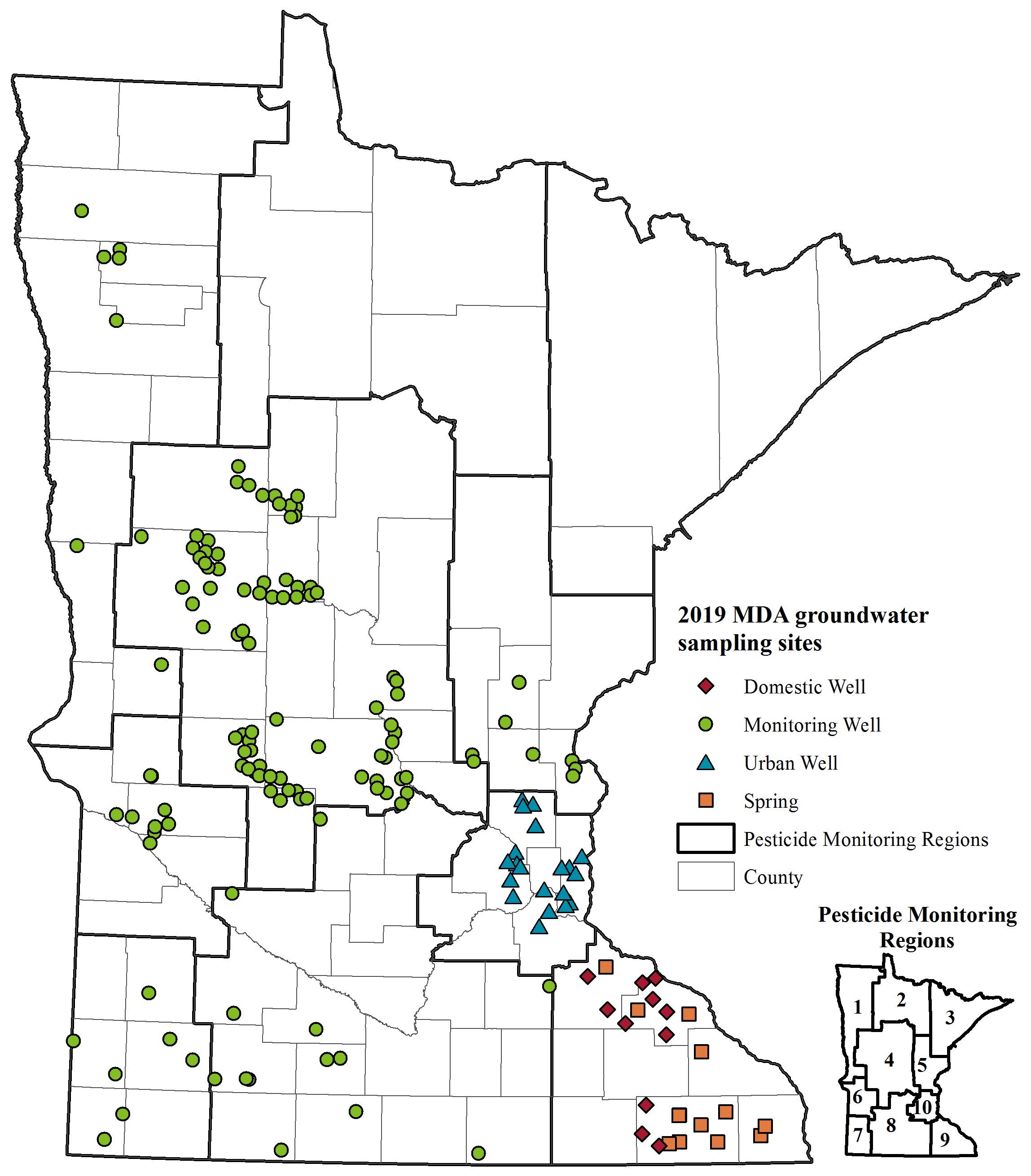 Map illustrating the location of the groundwater sampling sites in 2019. Sampling sites include domestic wells, monitoring wells, urban wells, and springs.