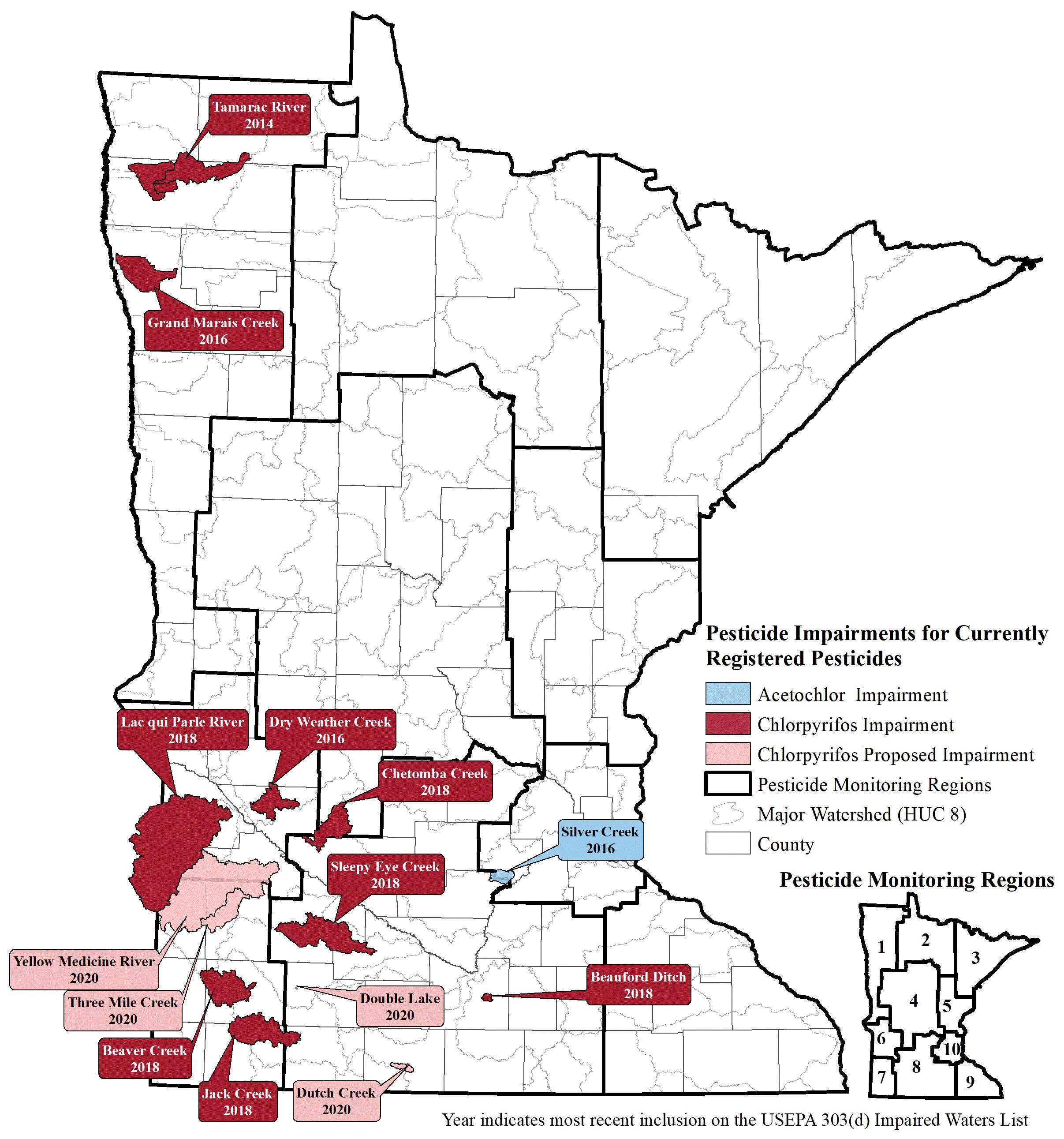 Map of Minnesota illustrating the fourteen waterbodies that are designated as impaired or proposed to be designated by the MPCA. Ten are located in the southwest, 2 in south central, and 2 in the northwest.See Table 1 for more information.