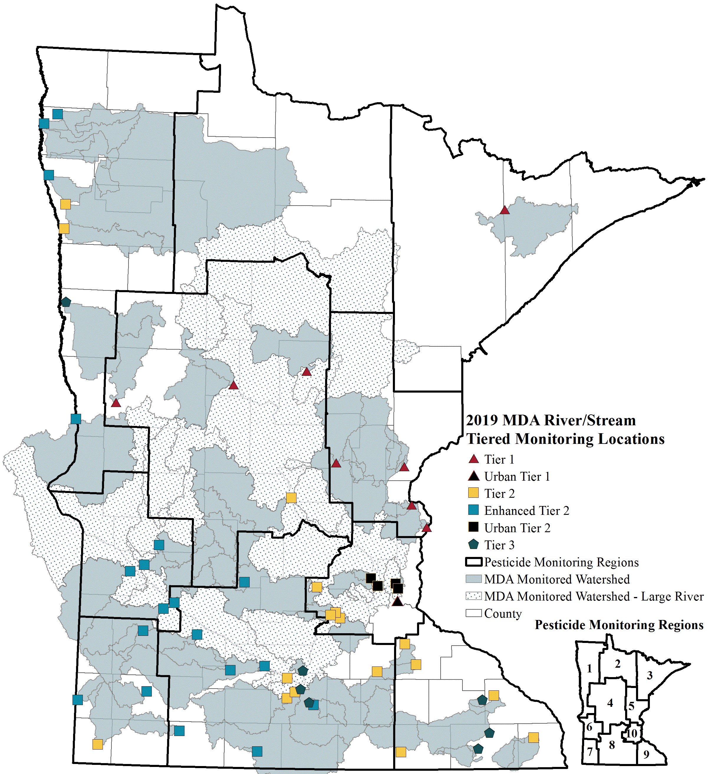 State of Minnesota map showing the surface water monitoring locations for 2019.