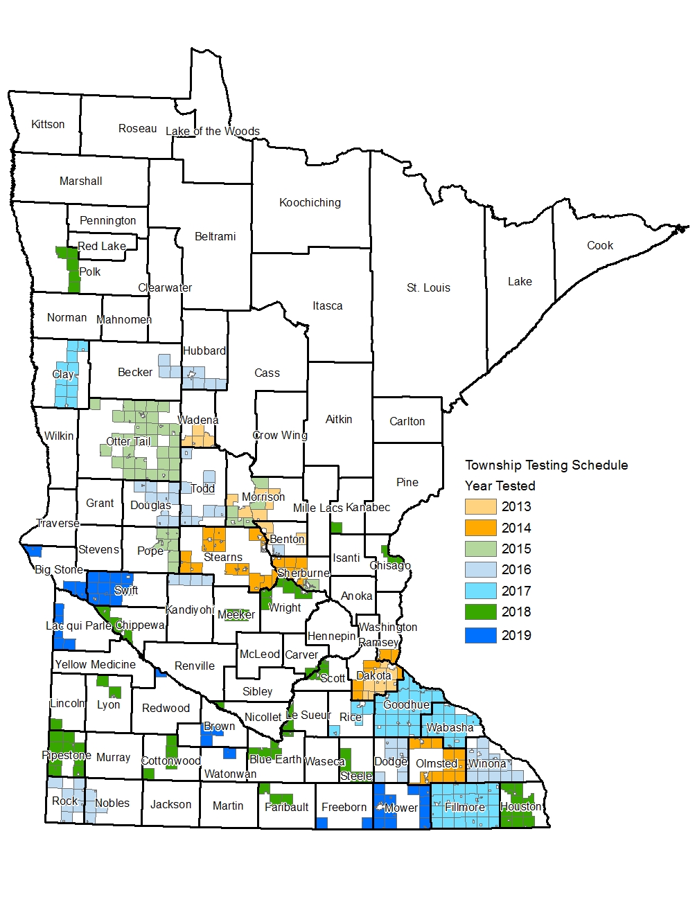 Map illustrating the past and potential townships participating in the Township Testing Program 2013-2019 