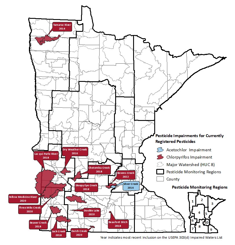 Map of Minnesota illustrating the waterbodies that are designated as impaired or proposed to be designated by the MPCA. Six are located in the southwest, seven in south central, and 1 in the northwest. See the table for more information.