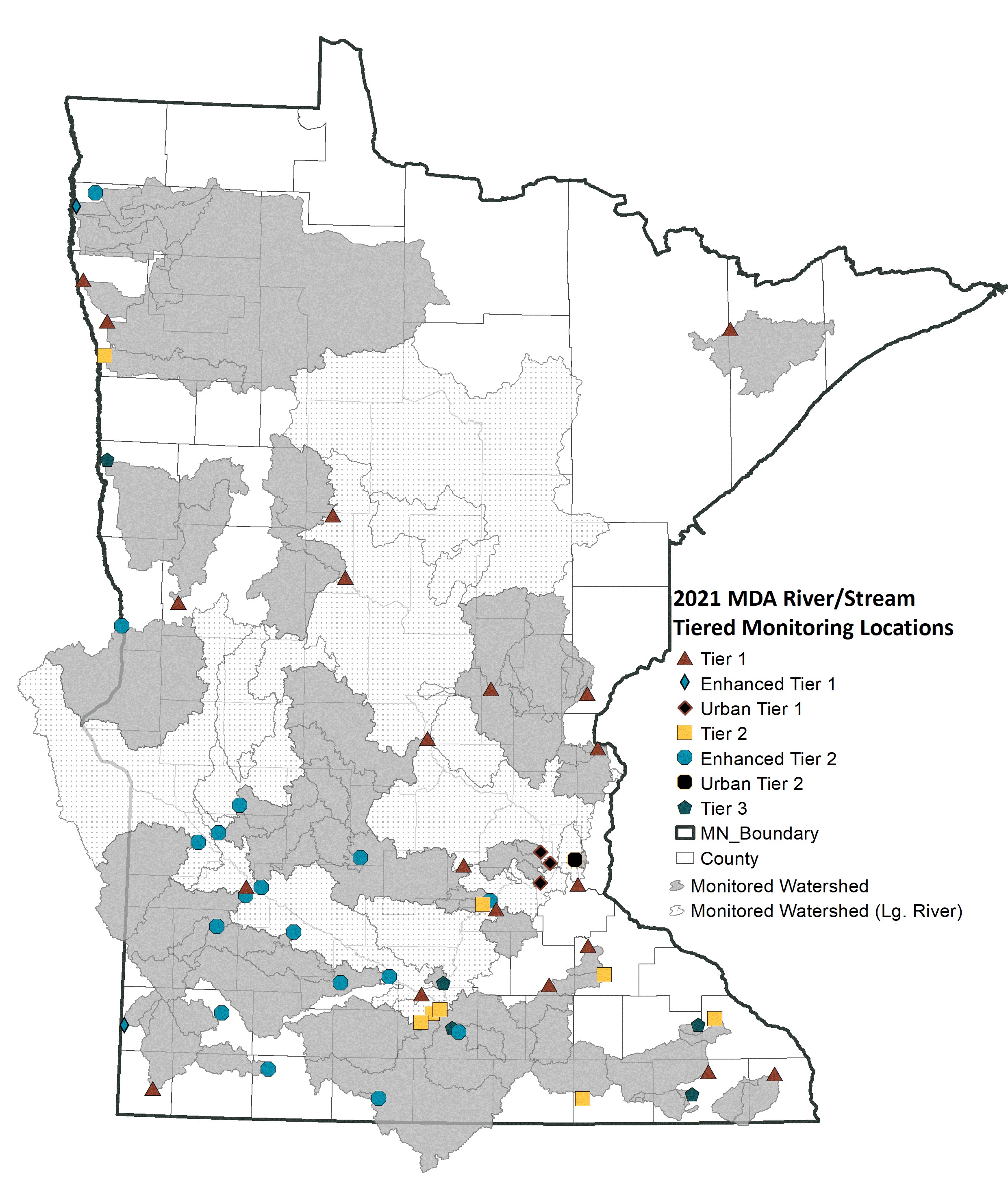 State of Minnesota map showing the surface water monitoring locations for 2021.