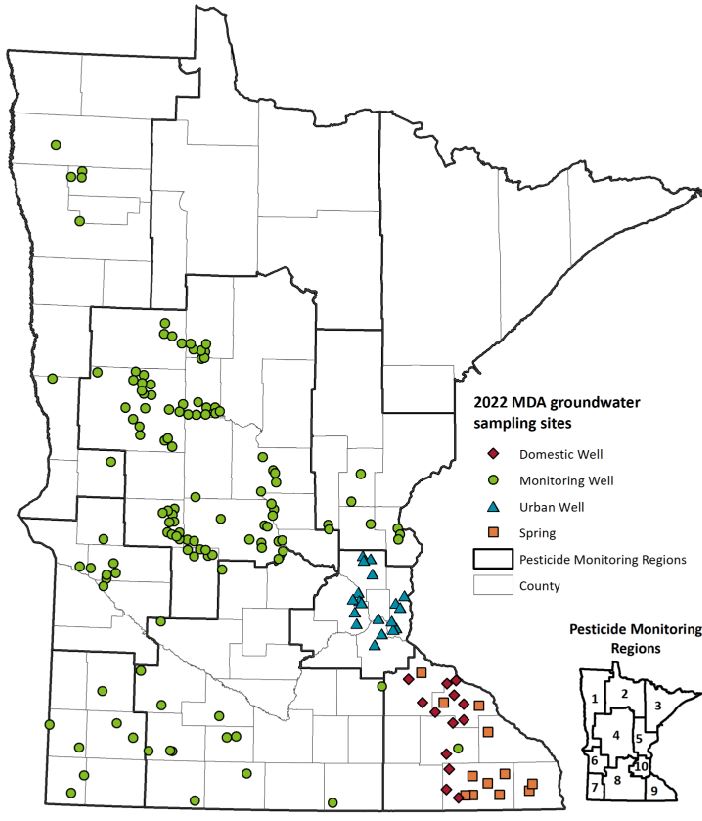 Map illustrating the location of the groundwater sampling sites in 2022. Sampling sites include domestic wells, monitoring wells, urban wells, and springs.