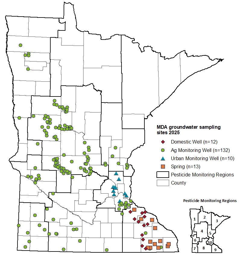 Map illustrates the location of the groundwater sampling sites in 2025. Sampling sites include domestic wells, monitoring wells, urban wells, and springs.