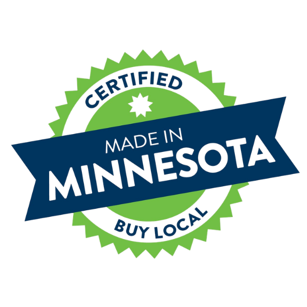 Certified Made in Minnesota seal with green and dark blue state of MN colors