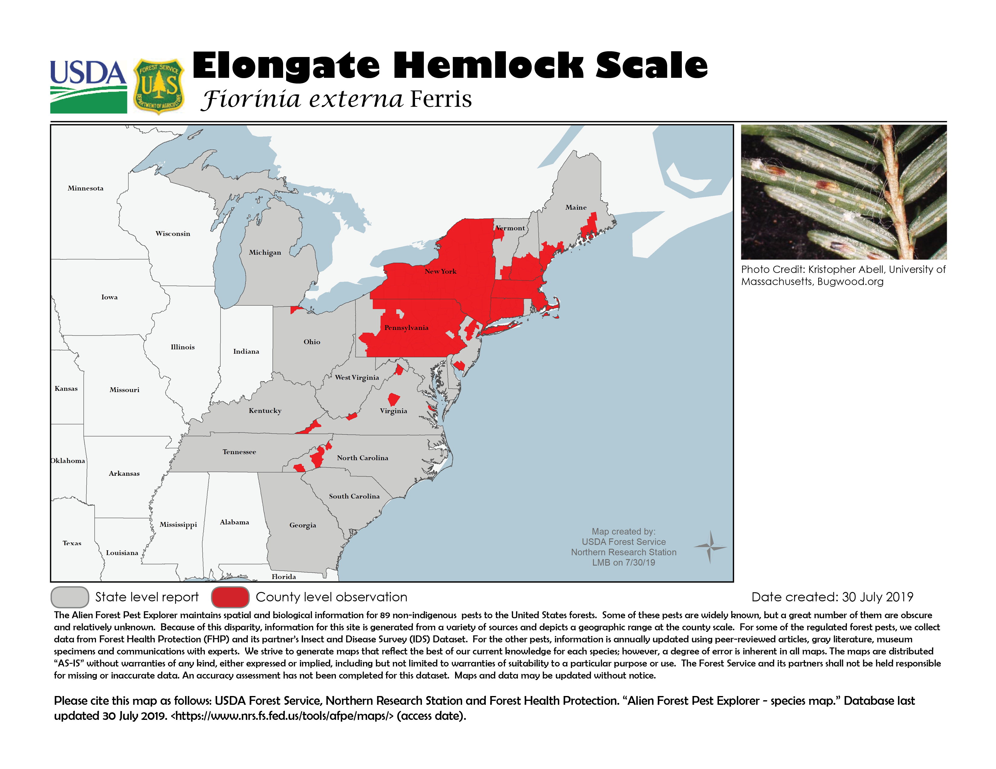 A map showing counties in 14 states where EHS is known to be located