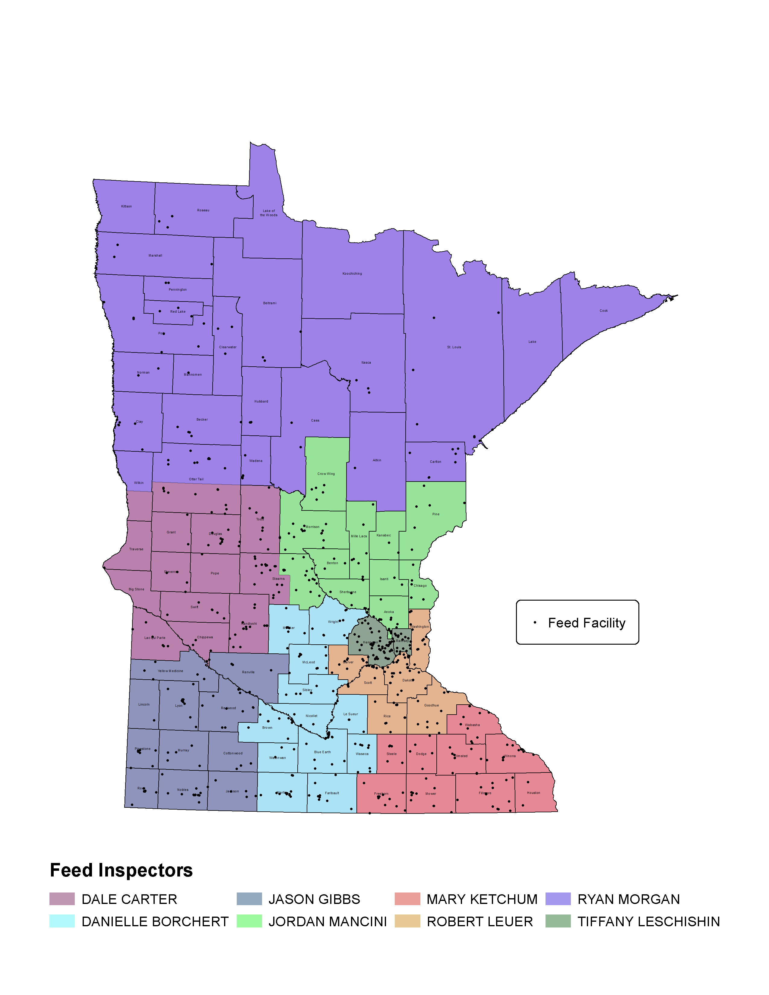 Minnesota county map showing feed inspector territories specified in the text on this page.
