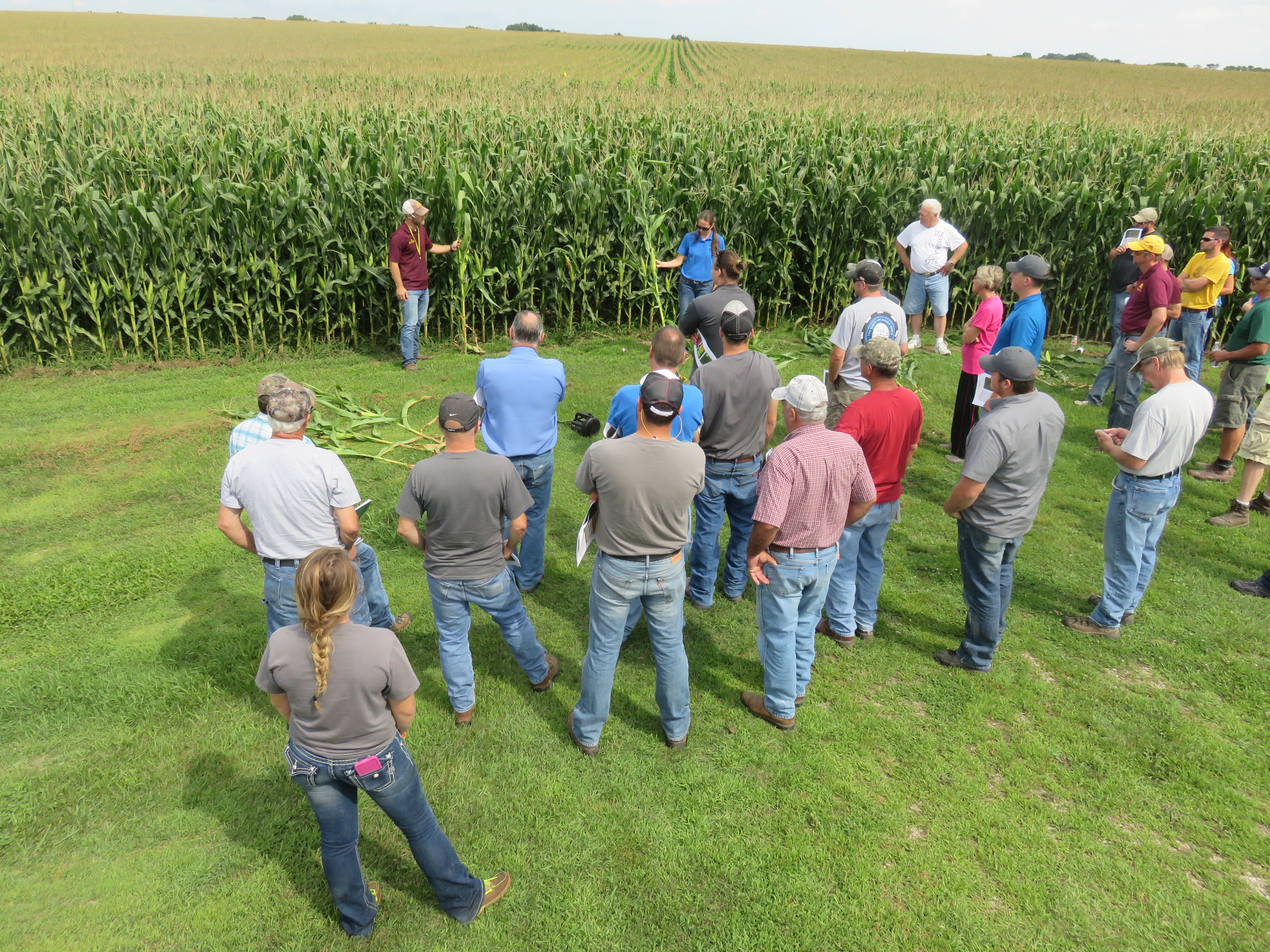 Group of people at the edge of a field. Two people at the front of the group are holding stalks of corn.