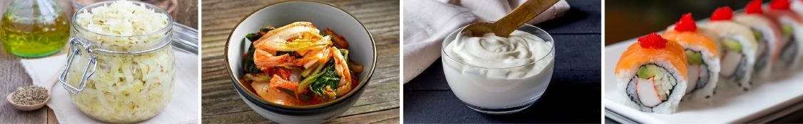 Food collage featuring sauerkraut, kimchi, yogurt, and sushi
