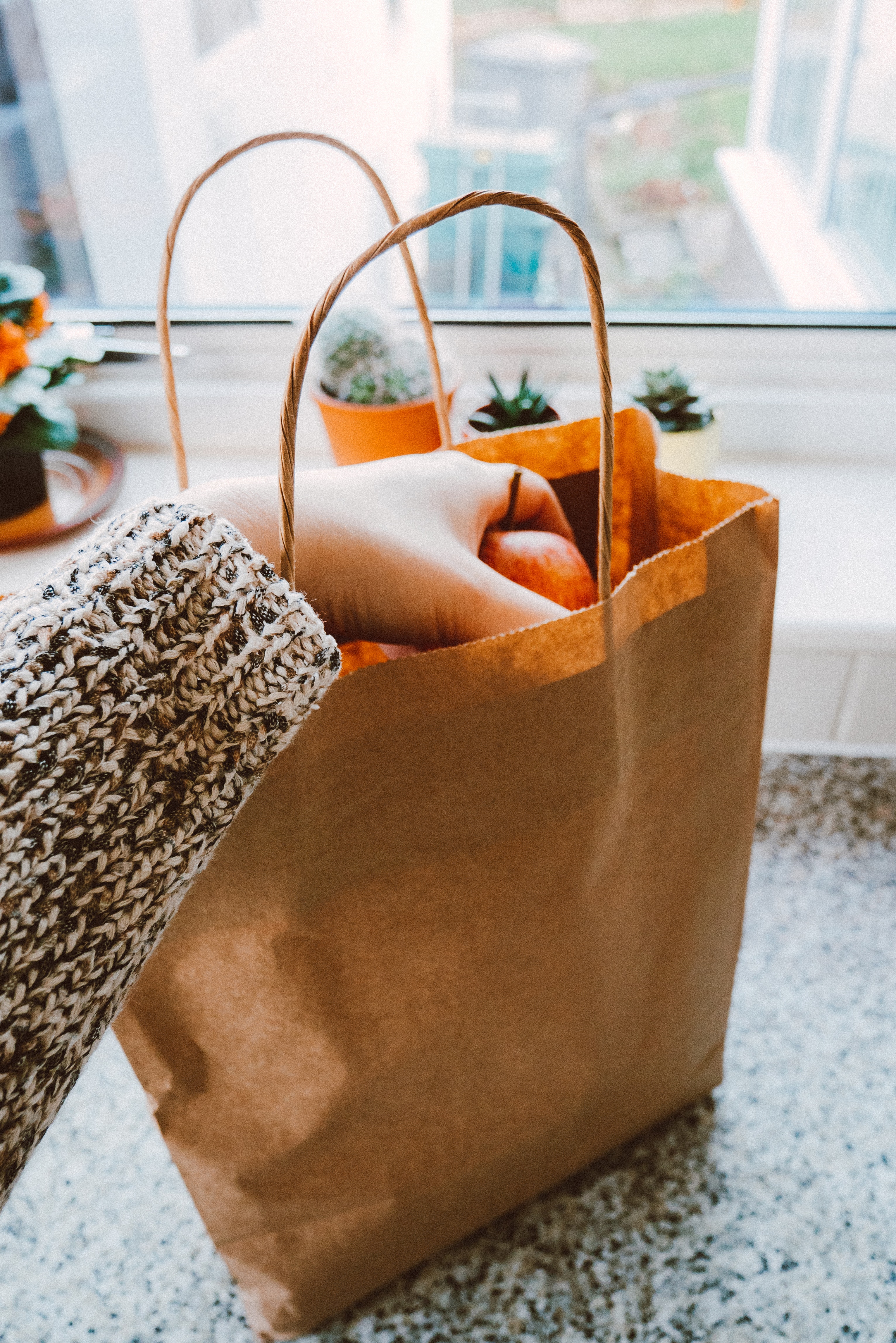 A person reaching into a grocery bag