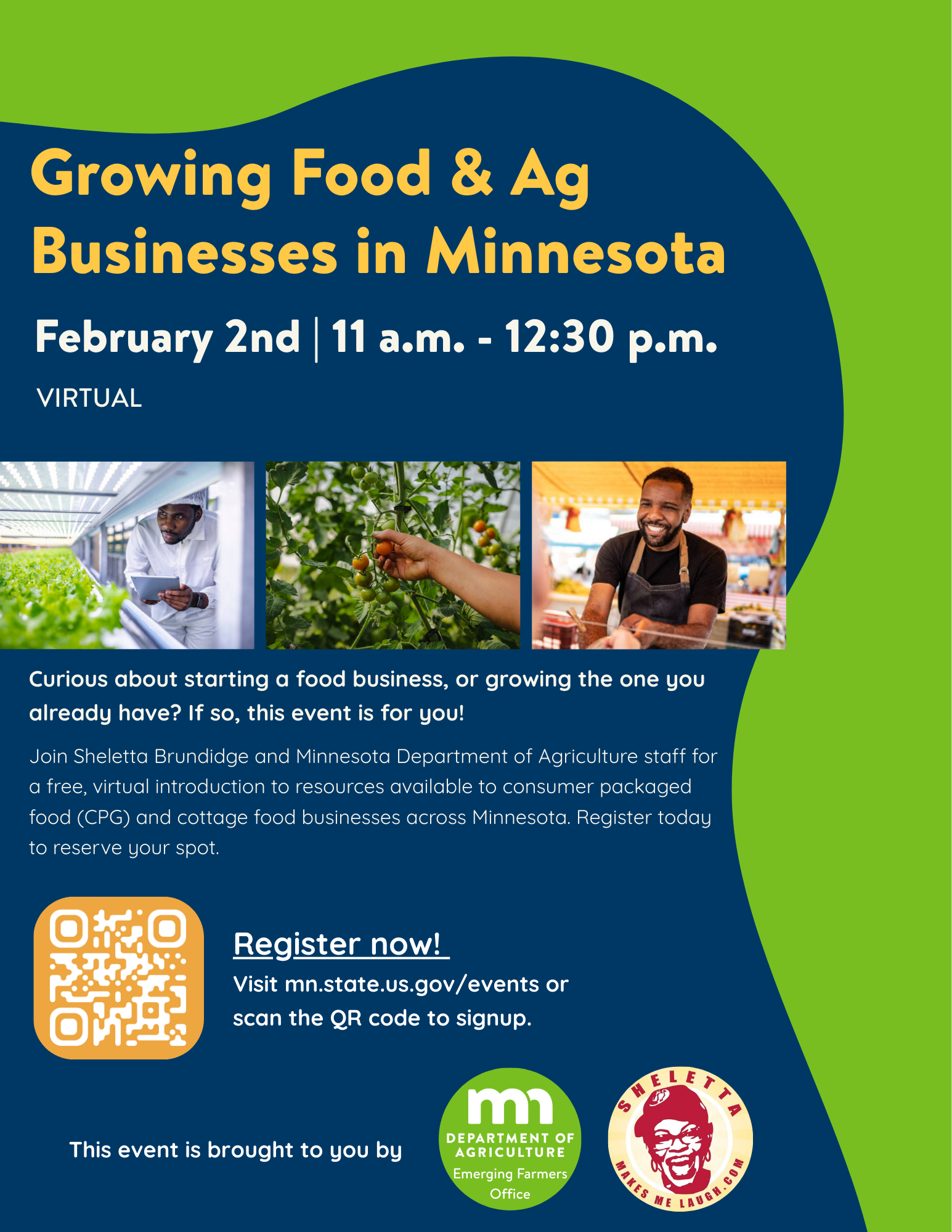 Promotional graphic for a virtual event, “Growing Food & Ag Businesses in Minnesota,” on February 2 from 11 a.m. to 12:30 p.m., featuring images of food and agriculture businesses