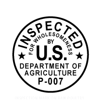 A circle is inscribed with the phrase "Inspected for Wholesomeness by U.S. Department of Agriculture P-007"