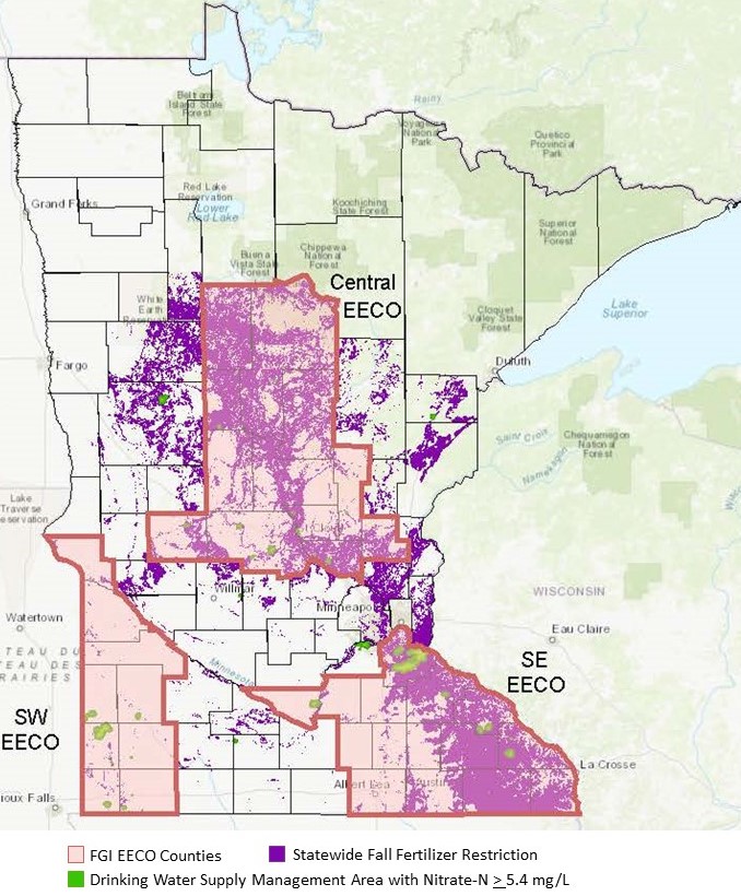 Map of Minnesota illustrating the three EECO regions in the central, southwest, and southeast regions of the state.