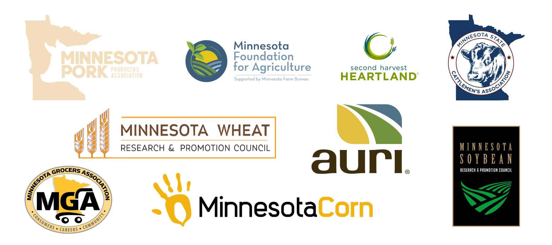 Logos of campaign partners including Minnesota Pork, Minnesota State Cattlemen's Association, Minnesota Foundation for Ag, Second Harvest Heartland, Minnesota Wheat, AURI, Minnesota Soybean, Minnesota Grocers Association, and Minnesota Corn