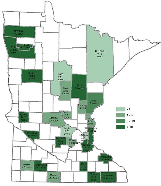 Map of Minnesota showing total acreage of hemp cropland planted by county in 2019