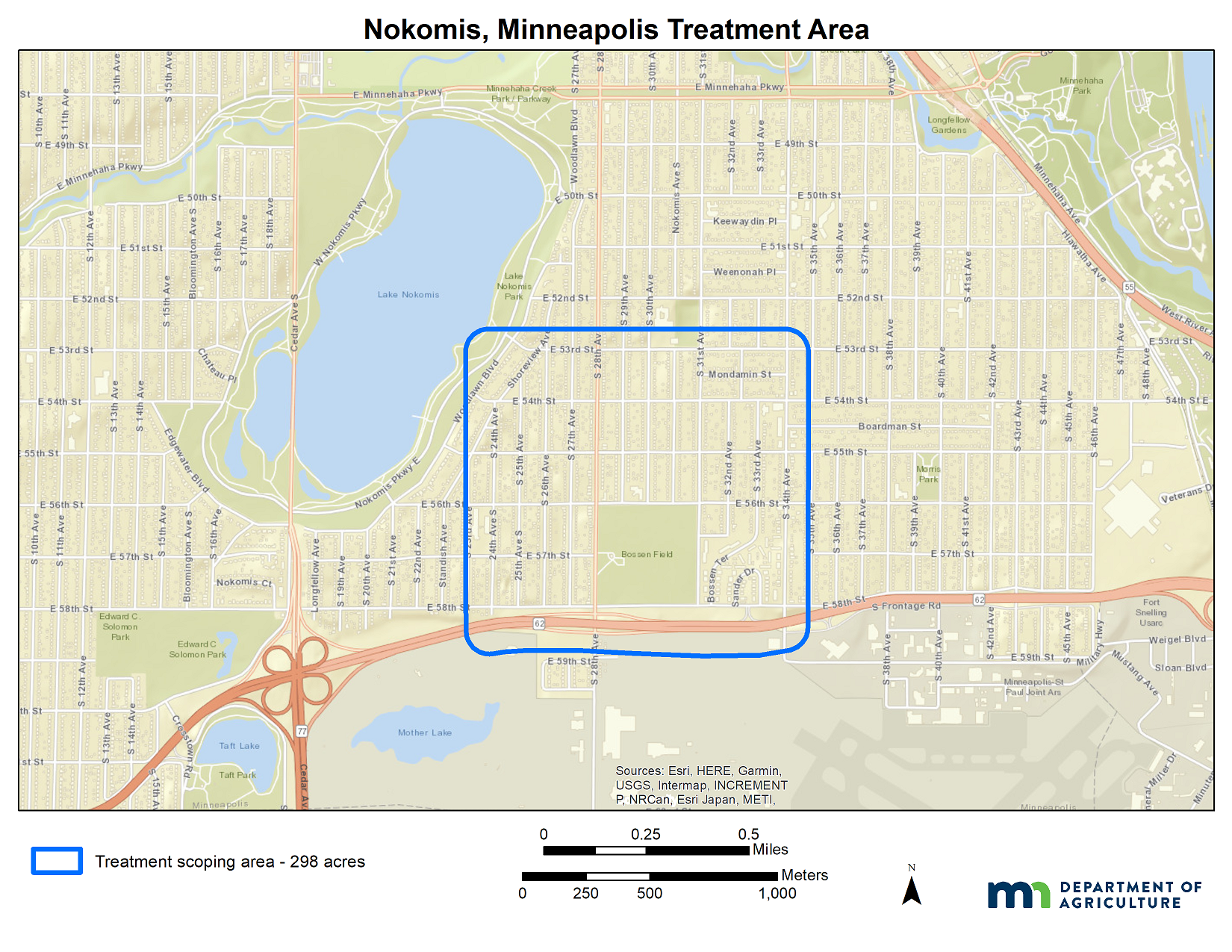 A map of the South Minneapolis gypsy moth treatment site.