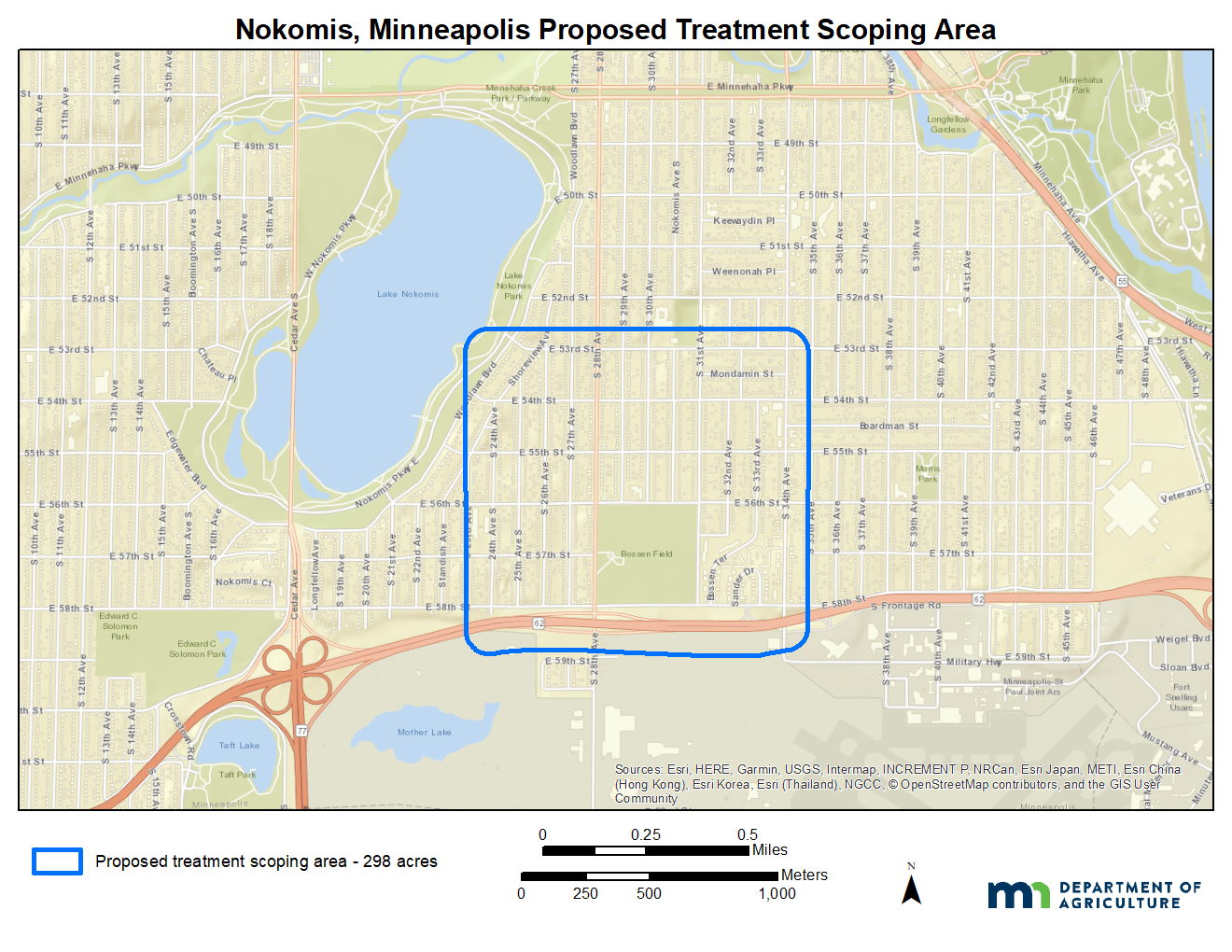 Map of the proposed gypsy moth treatment area that is roughly bordered by E 53rd Street on the north, Highway 62 on the south, 23rd Avenue S on the west, and 35th Avenue S on the east