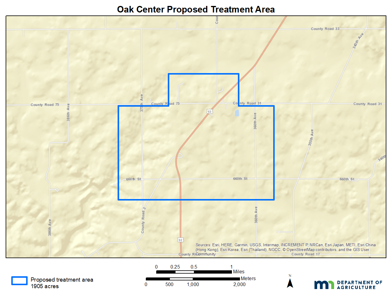 A map of the proposed gypsy moth treatment area near Oak Center
