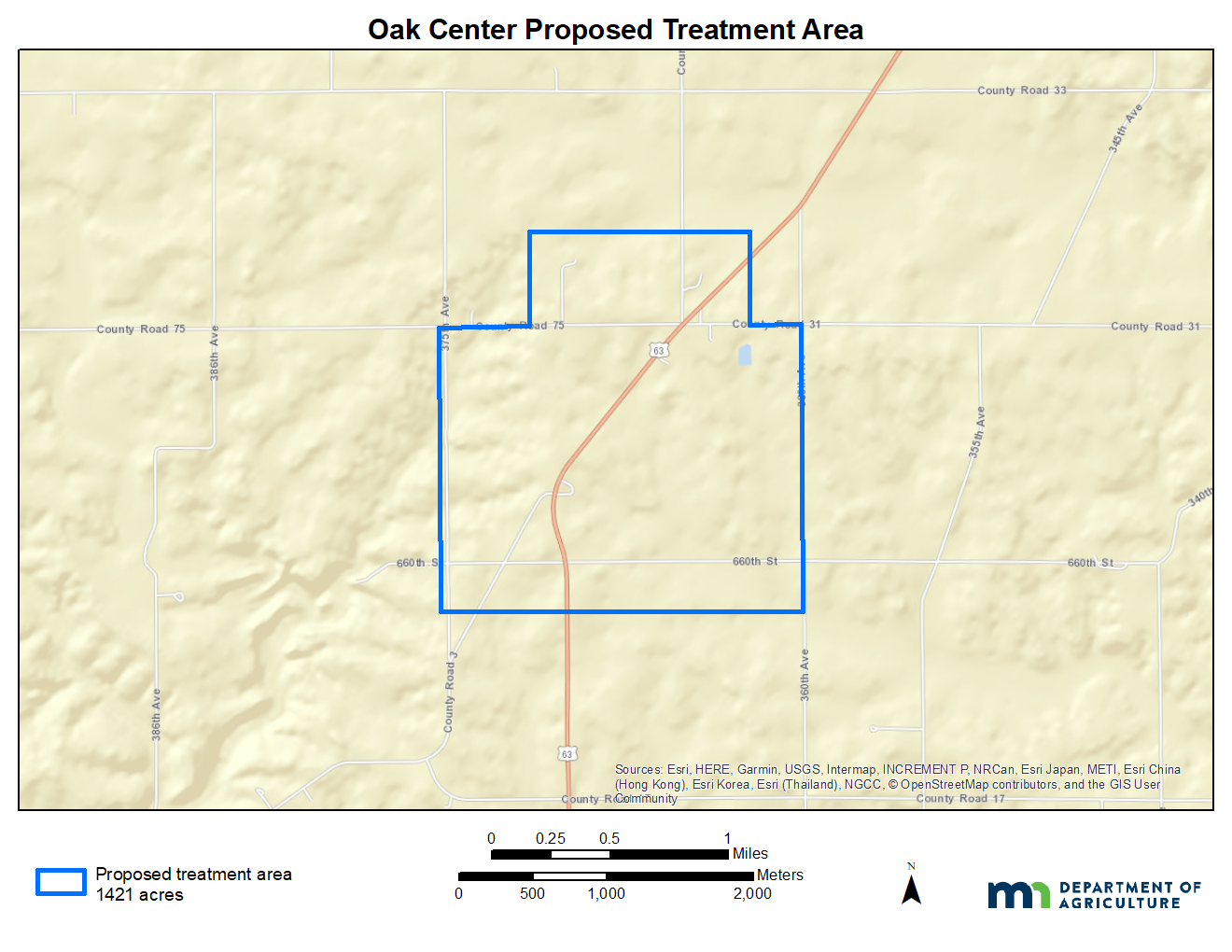 A map of the proposed gypsy moth area near Oak Center in Wabasha County, Minnesota.