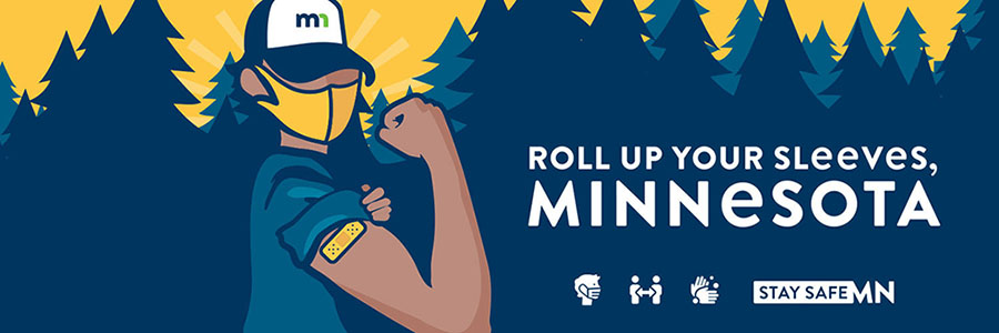 Roll Up Your Sleeves, Minnesota graphic showing a stand of trees with a person wearing a mask and showing a band aid on their arm.