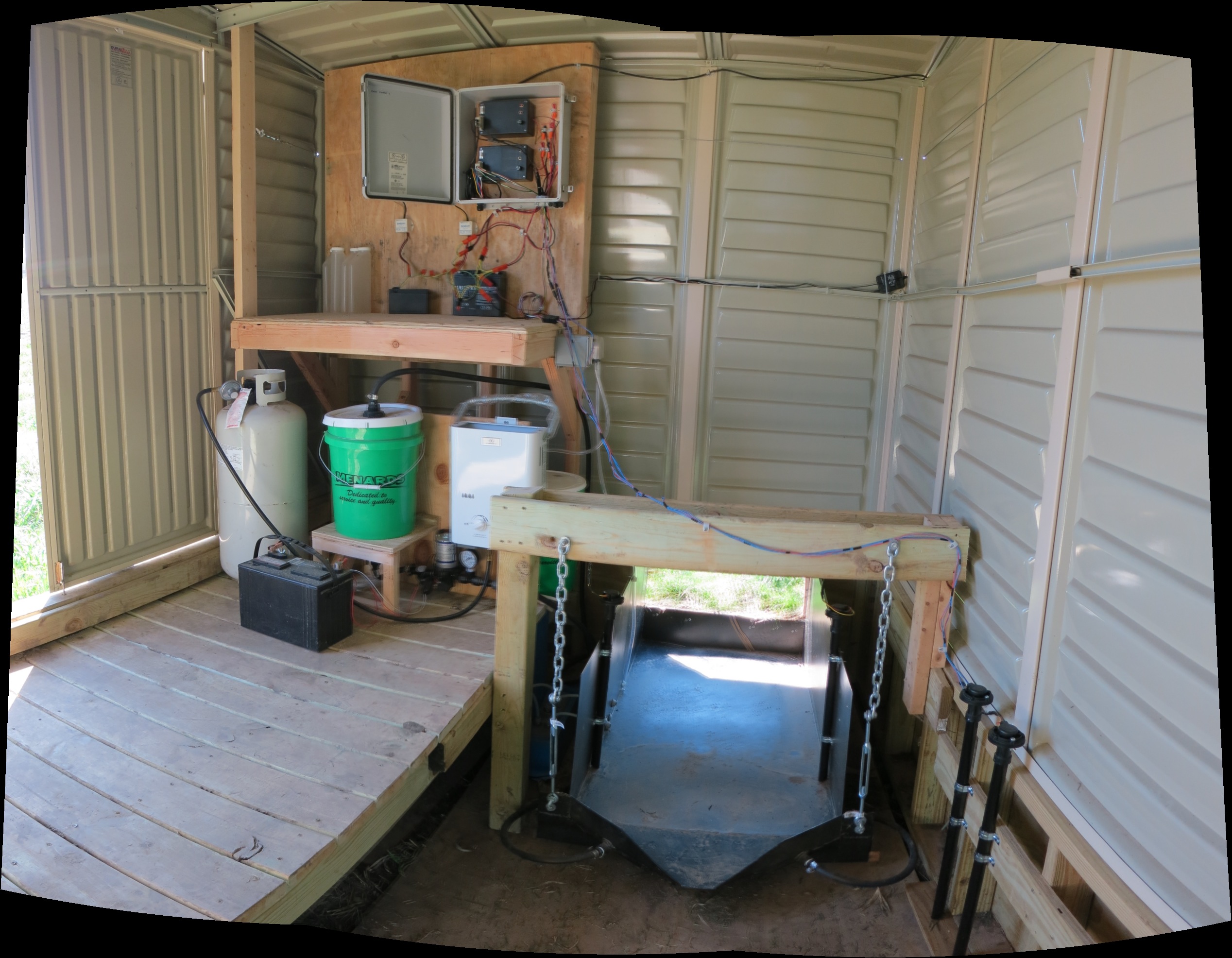 Flume and electronic monitoring equipment inside a shelter