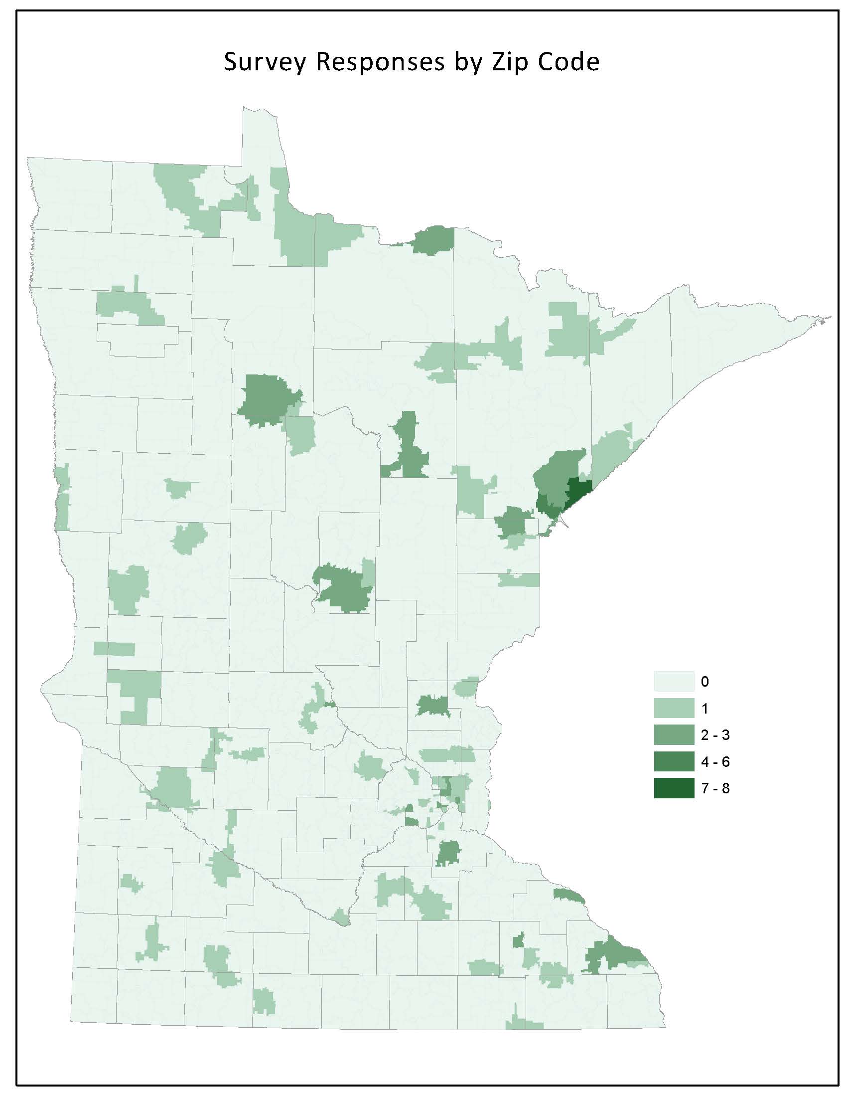 Minnesota map of survey responses by zip code.