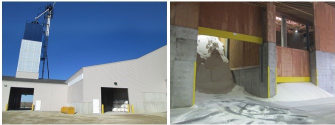 A newly constructed dry bulk fertilizer facility with load out tower and image of dry bulk fertilizer bins. 