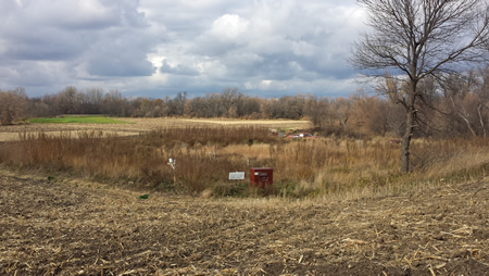 Agriculture field with residue is in the foreground.  The contructed wetland is behind the field.