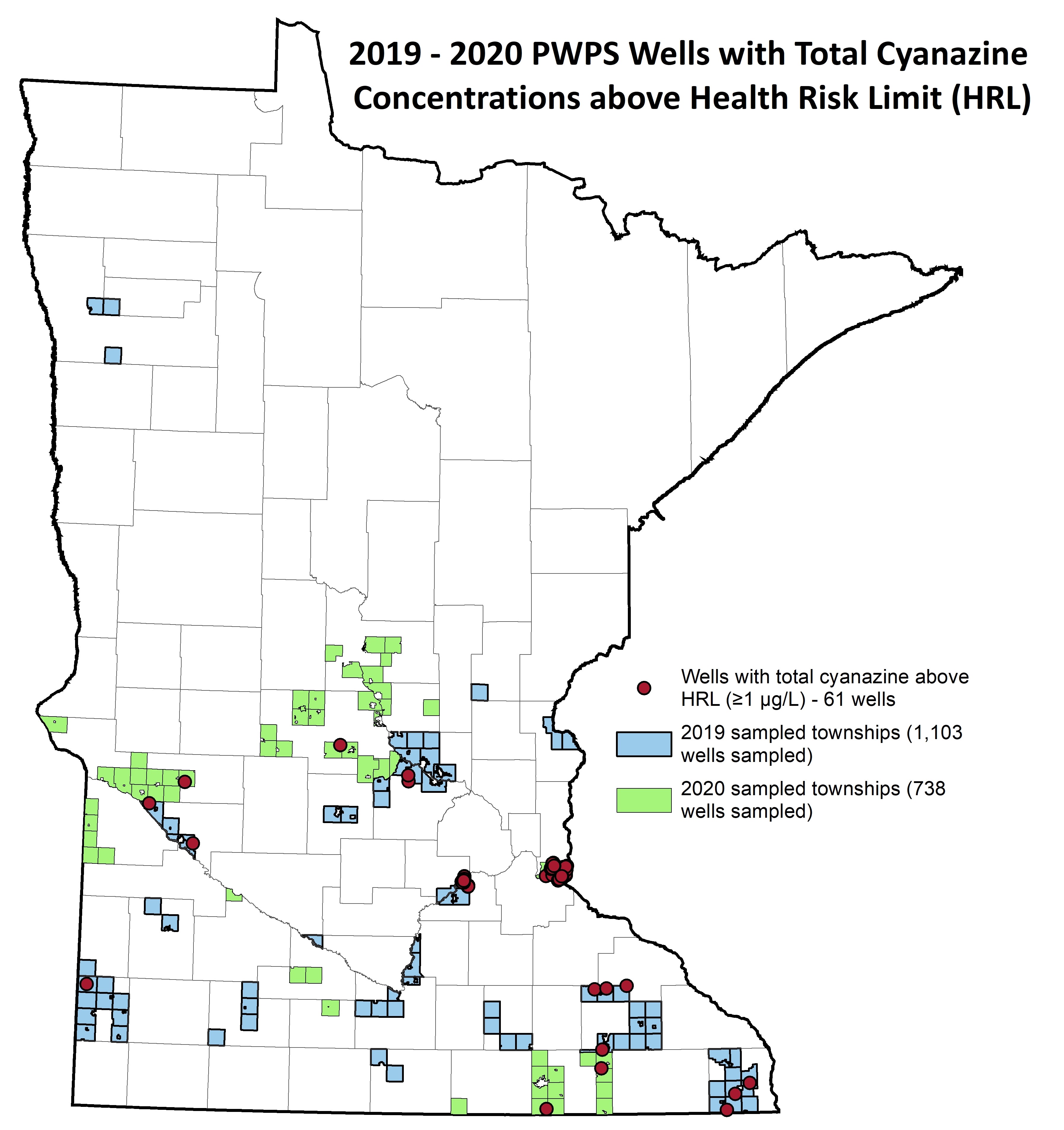 Total cyanazine detections found through the Private Well Pesticide Sampling project and Dakota County sampling in 2019 and 2020. See the table for number of wells exceeding health risk limit in each county.