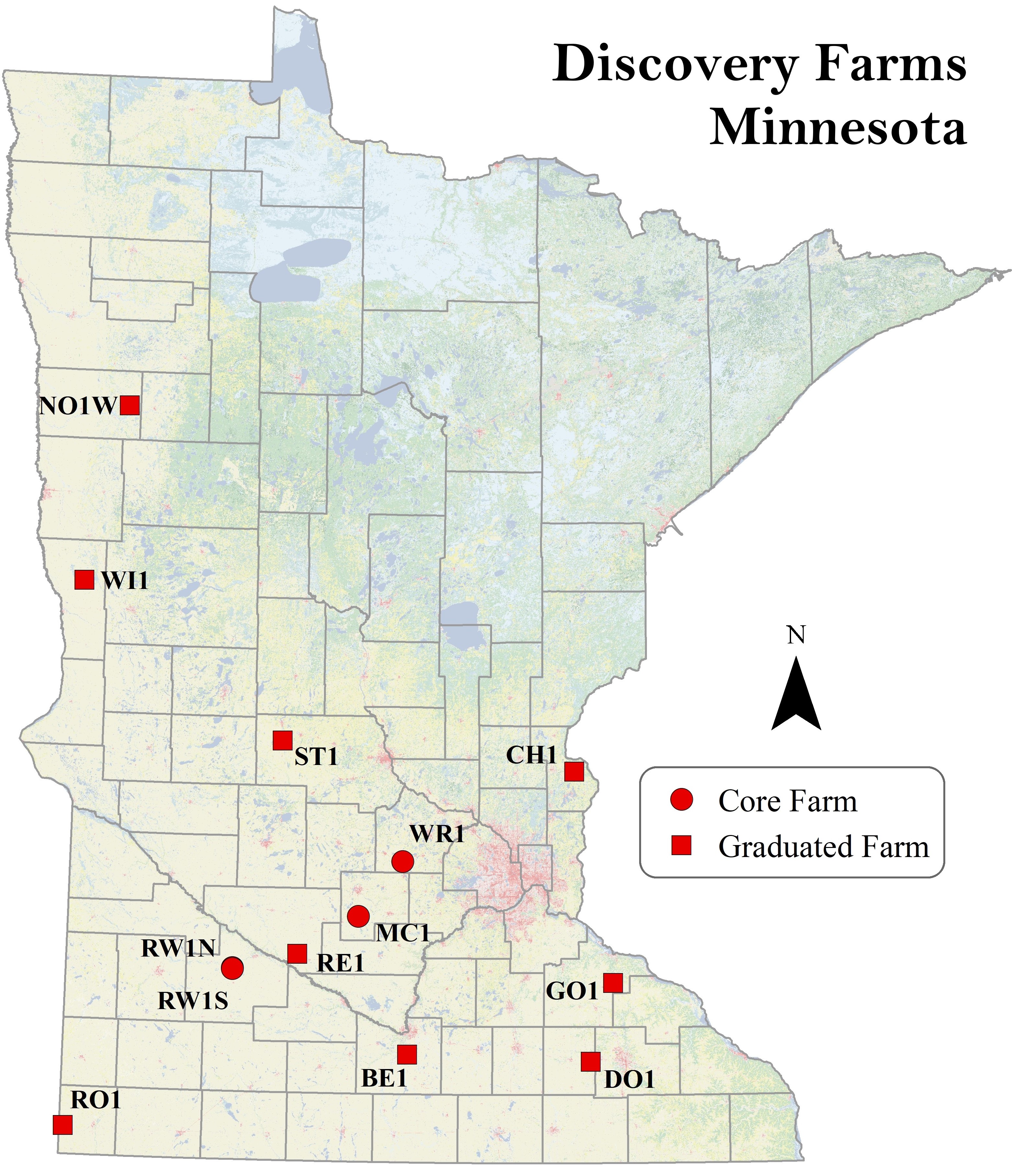 Map of Minnesota illustrating the location of active and retired farms in the Discovery Farms program. See the table on this page for more information.