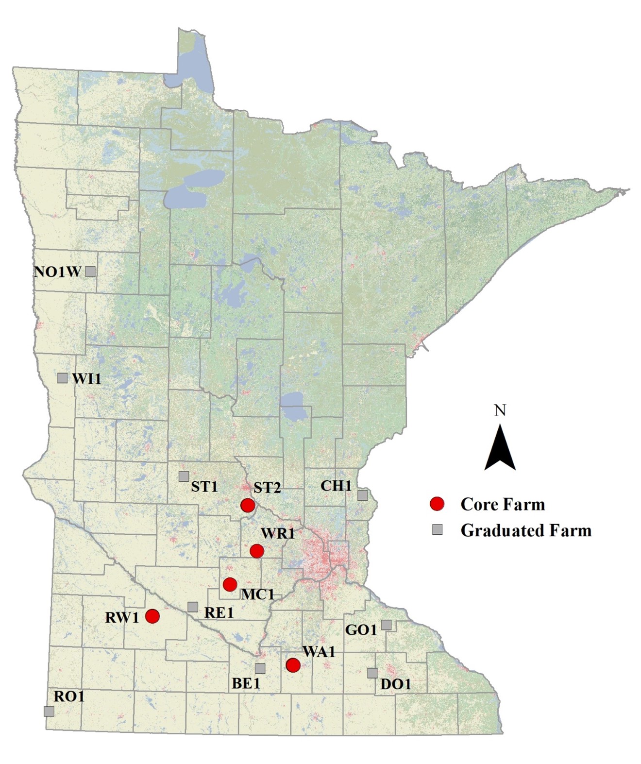 Map of Minnesota illustrating the location of active and retired farms in the Discovery Farms program. See the table on this page for more information.