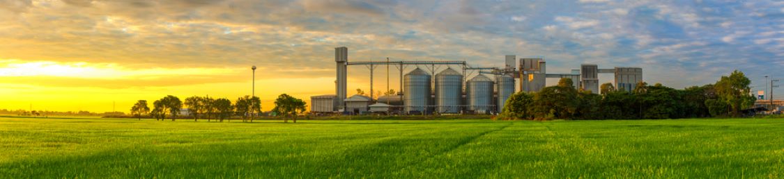 feed bin silos with sunset in background