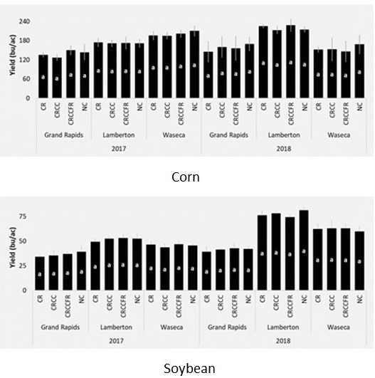 Two bar graphs illustrating the corn and soybean yield after being grown with cover crops.