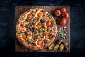 focaccia bread on cutting board