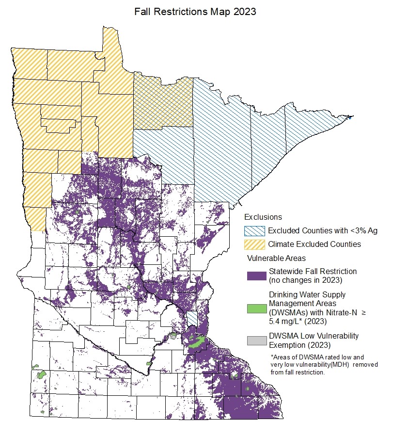 A map of the State of Minnesota illustrating the areas where the statewide fall restrictions and Drinking Water Supply Management Areas are located. For more information contact Larry.Gunderson@state.mn.us.