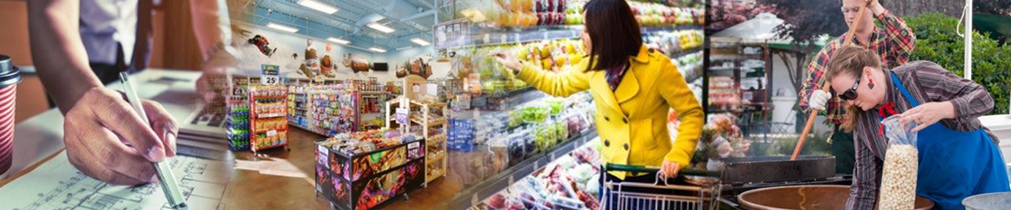 combined images showing floor plan, convenience store, woman shopping in grocery store, and couple making kettle corn