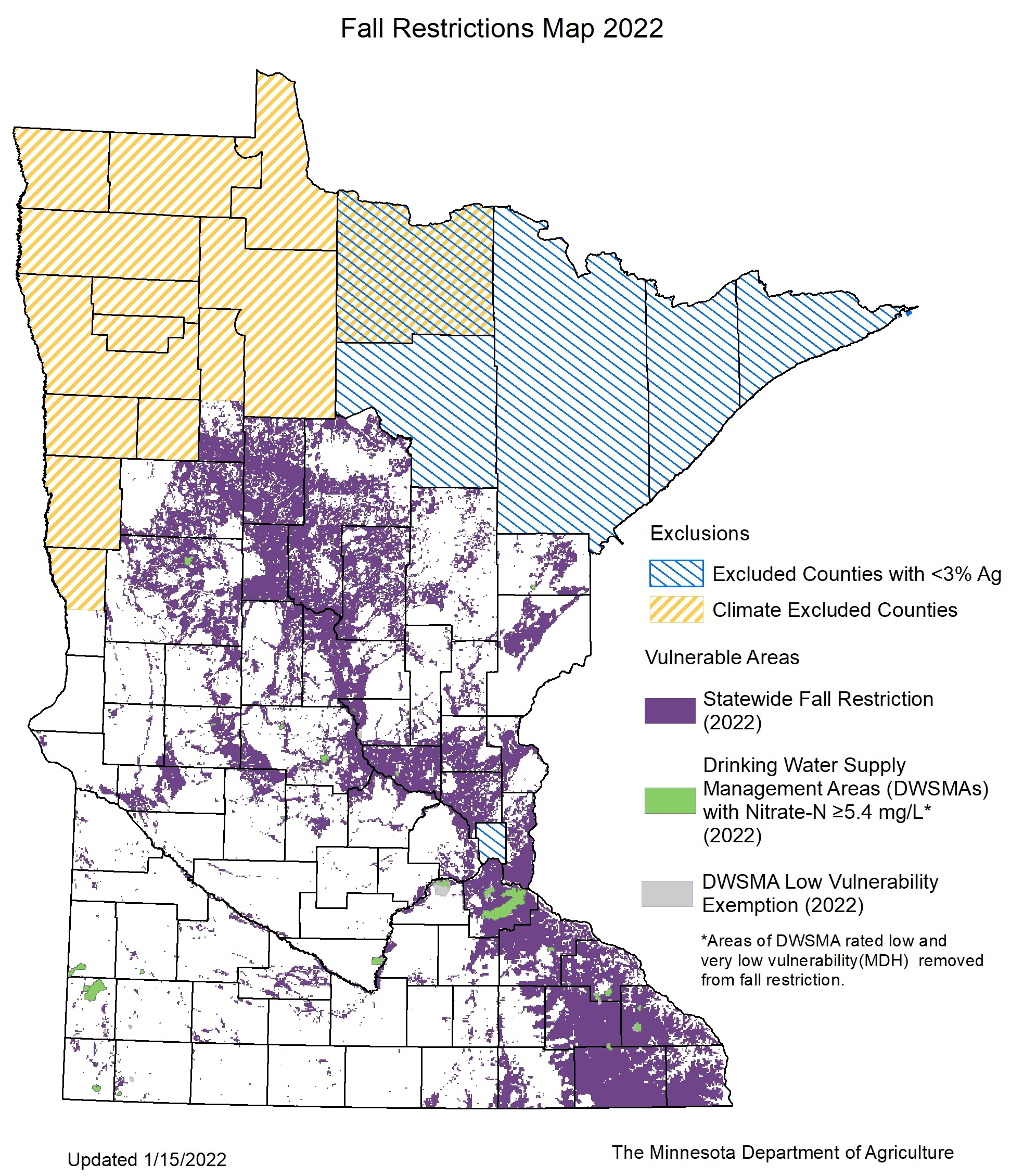 A map of the State of Minnesota illustrating the areas where the statewide fall restrictions and Drinking Water Supply Management Areas are located. For more information contact Larry.Gunderson@state.mn.us.