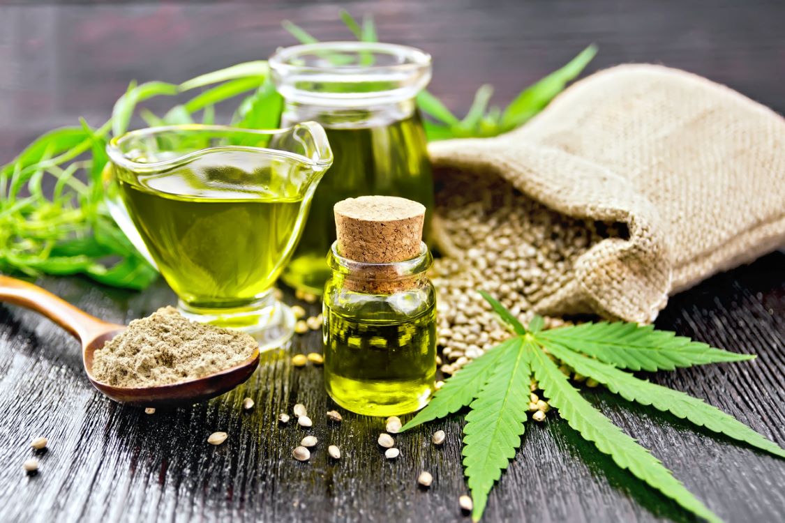 hemp derived products including oil, flour, and seeds