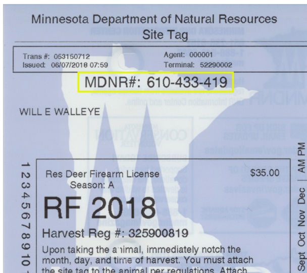 MN Deer DNR Firearm License Tag Showing MDNR number