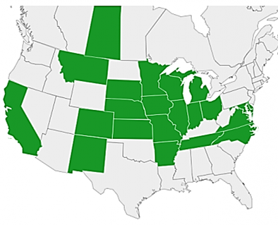 Map of United States of America. States highlighted in green include: California, Montana, South Dakota, Nebraska, Colorado, New Mexico, Kansas, Minnesota, Iowa, Missouri, Arkansas, Wisconsin, Illinois, Michigan, Indiana, Tennessee, Ohio, Maryland, Delaware, Virginia, North Carolina. Canadian province: Saskatchewan is also included.